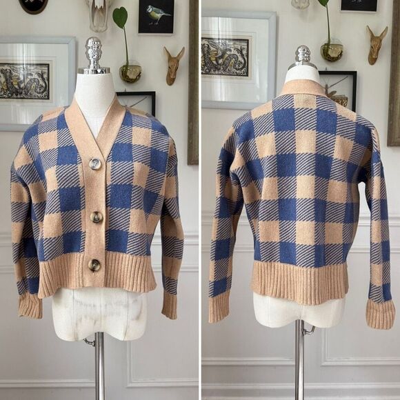 Madewell Sweaters - NWOT Madewell Bayberry Cardigan Sweater in Buffalo Check Beige Blue $110 XS
